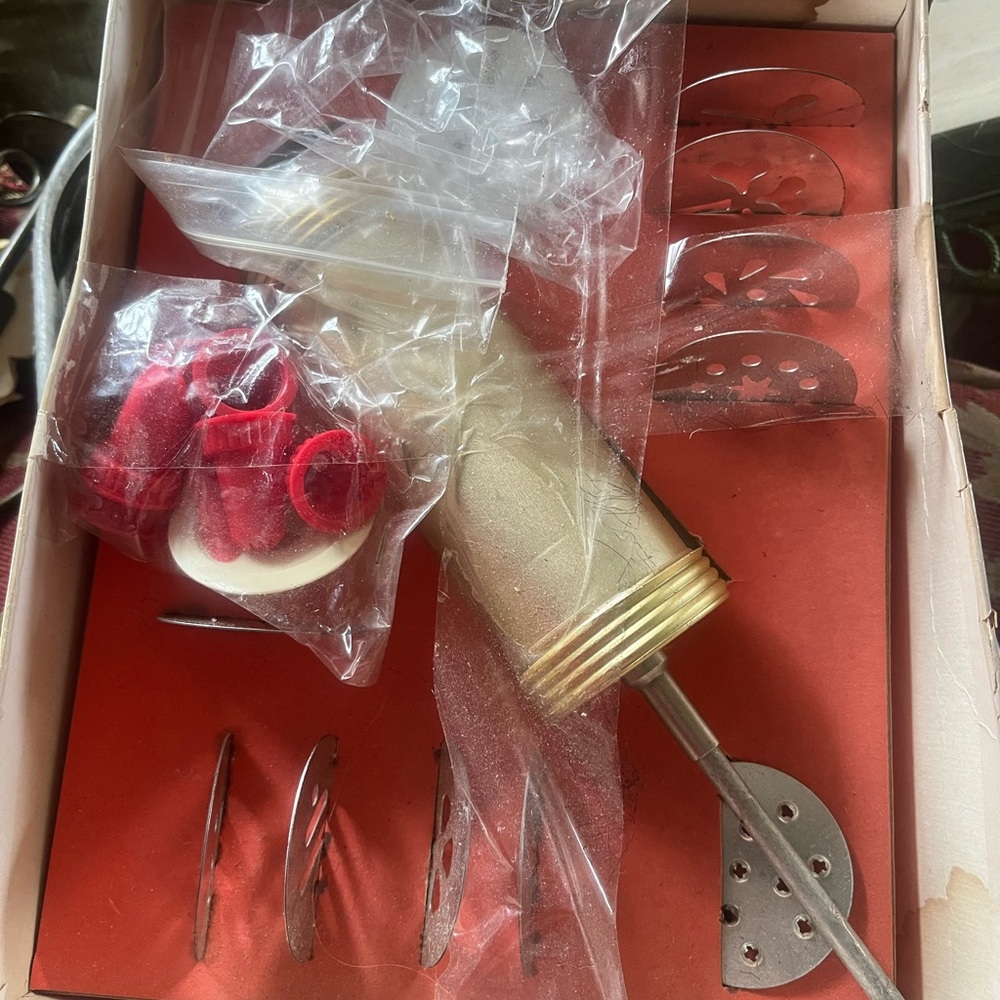 Gold Cookie Press with Red Accessories